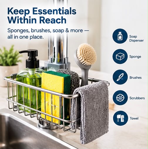 Kitchen Sink Sponge Holder – Stainless Steel Faucet Caddy Organizer