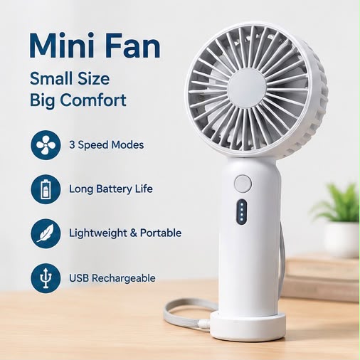 Portable Mini Handheld Fan – Rechargeable Personal Fan with Powerful Airflow